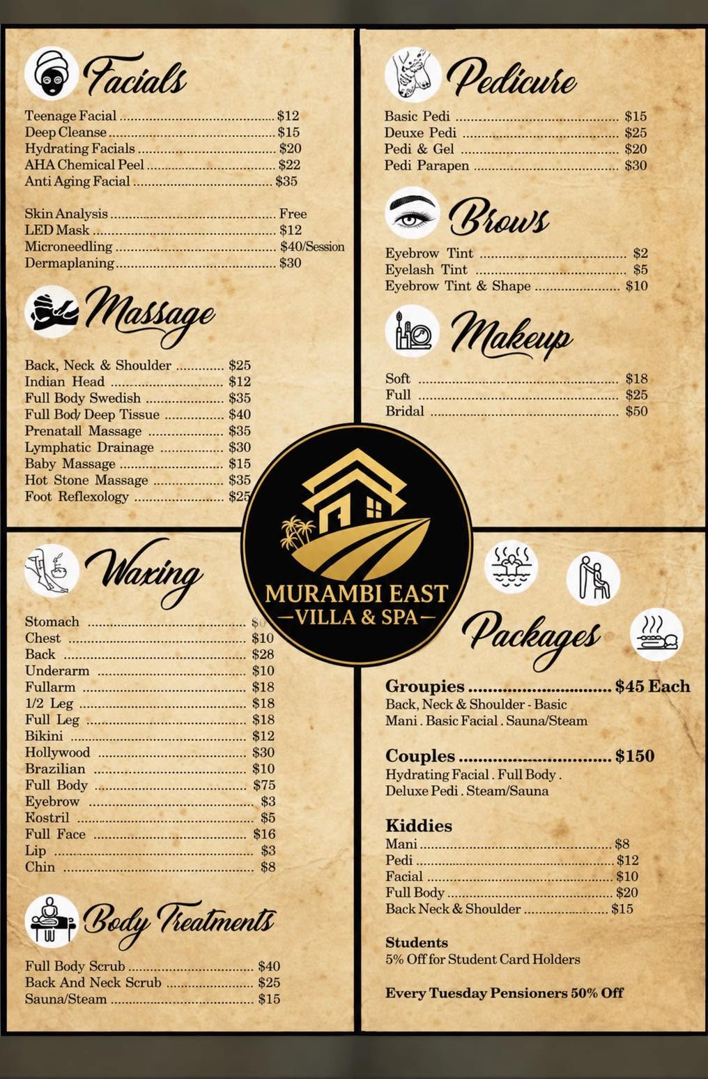 Complete Murambi East Villa and Spa treatment price list